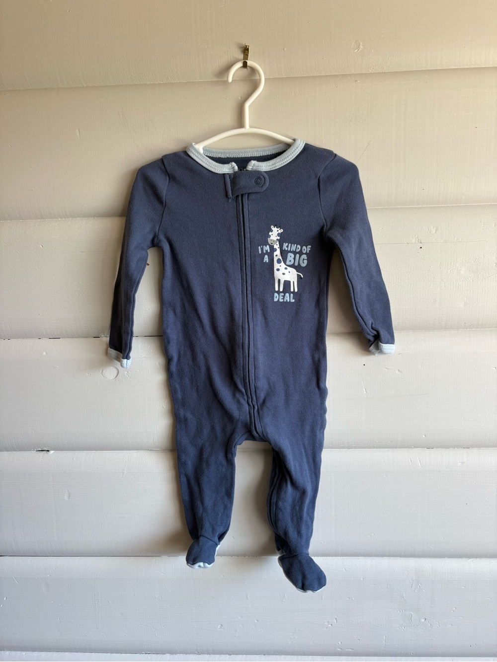 3/$25 Peanut Shell Navy Baby Footed One-Piece with Giraffe Print